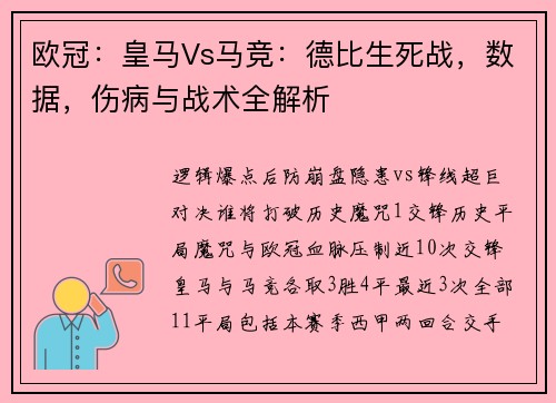 欧冠：皇马Vs马竞：德比生死战，数据，伤病与战术全解析